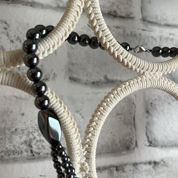 New! Hematite Beaded Stone Necklace, Layered Metallic - Picture 5 of 8